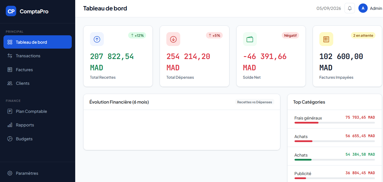 Capture d'écran de l'application de comptabilité pour les comptables