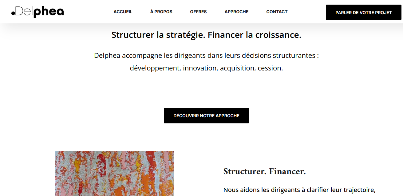 Capture d'écran du site vitrine Delphea, société de consulting en France