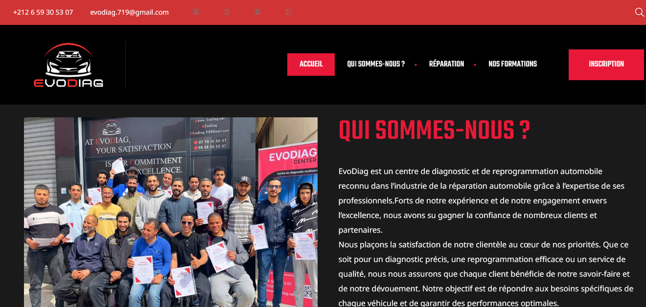 Capture d'écran du site vitrine Evodiag, société de diagnostic automobile